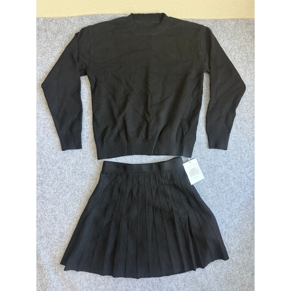 Tankaneo Women 2 Piece Sweater Skirt Set S Black Pleated Knit Long Sleeve